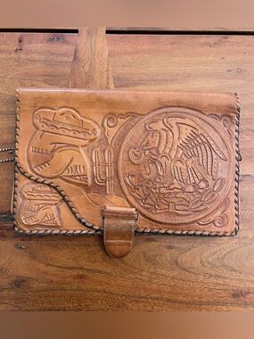 Vintage Mexican Hand-Tooled Leather Clutch Purse Cultural Iconography Folk Art